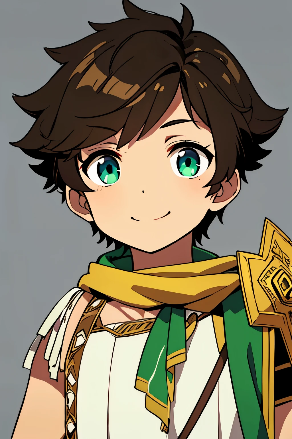 (high-quality, breathtaking),(expressive eyes, perfect face) 1boy, male, solo, , dark brown color hair, green eye color, spiky fluffy hair, wavy hair, short hair length, cute smile, cute face, childlike face, white tunic, green and gold trim, green scarf, Symmetrical Eyes, portrait, positive expression, grey background, greek clothes, ancient Greek clothes
