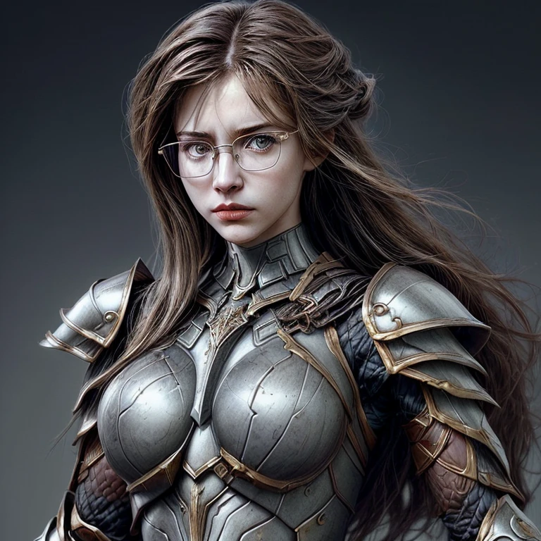 A mediaval woman, with a perfect sculptural realistic,with mediaval armor, and glasses, ultra realistic, HD,  