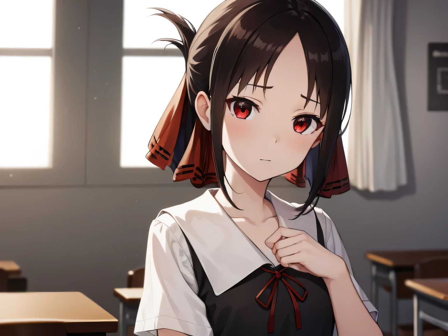 kaguyashinomiya, kaguya shinomiya, folded ponytail, forehead, hair ribbon, (red eyes:1.5), red ribbon, ribbon, short hair, sidelocks, (small breast:1.2),
BREAK black dress, dress, pinafore dress, , shirt, short sleeves, shuuchiin academy , white shirt,
BREAK looking at viewer,
BREAK indoors, classroom,
BREAK (masterpiece:1.2), best quality, high resolution, unity 8k wallpaper, (illustration:0.8), (beautiful detailed eyes:1.6), extremely detailed face, perfect lighting, extremely detailed CG, (perfect hands, perfect anatomy),