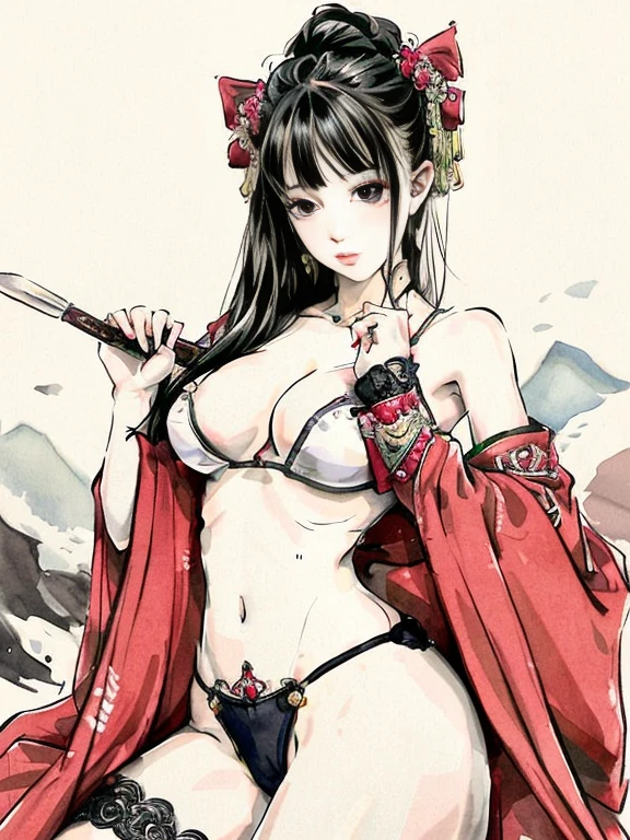 (masterpiece, highest quality: 1.2), Chinese traditional ink painting, (The steep mountains of Huangshan in China々Ink painting depicting)One girl,(Large Breasts、big 、big 房、big Tits) Exquisitely embroidered Chinese costume ,Decorative micro bikini ,(Cleavage exposure、Expose your arms、Navel exposure、Exposed thighs)Garter Stockings、 (smile), Looking at the audience,
