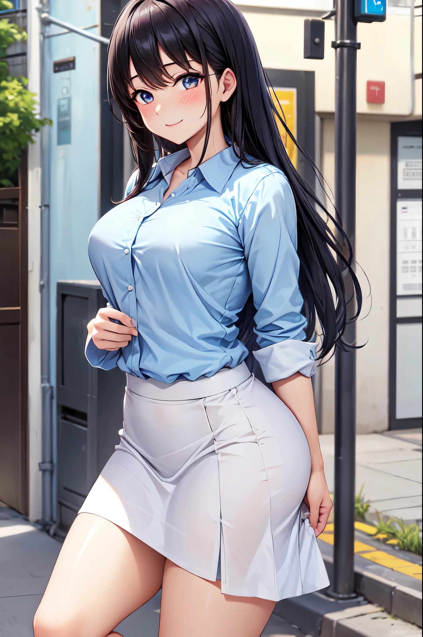 (High quality, High resolution, Fine details), Outdoor, Standing, BREAK Light blue long-sleeved shirt, BREAK Long white skirt, solo, curvy adult women, BREAK Black hair, sparkling eyes, (Detailed eyes:1.2), smile, blush, Sweat, Oily skin, Soft tones, shallow depth of field
