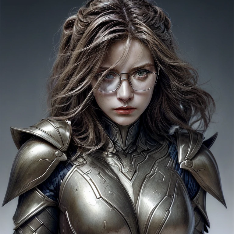 A mediaval woman, with a perfect sculptural realistic,with mediaval armor, and glasses, ultra realistic, HD,