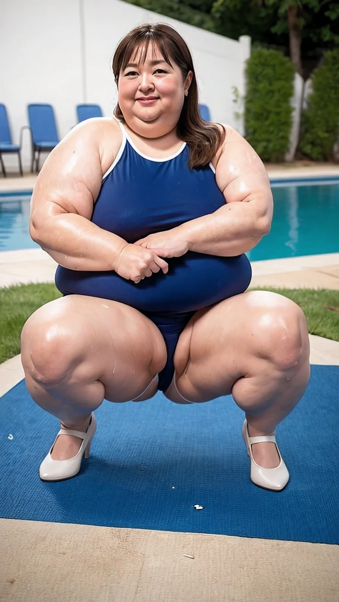 (((Photo Composition))), gravure, highest quality, Very detailed, Realistic, Very detailedskin, Perfect Anatomy, (Japanese MILF),80 years old, big breasts, Mature Woman, Sexy, Chromo White Skin, View your viewers,(((obesity))),(Double chin),((Big belly)),Thick arms,thick upper arms,Thick legs,fat girl,long hair,Facial wrinkles,make up,garter ring,pantyhose,((brown hair)),(school swimsuit),(wet skin),pool,night,squatting,