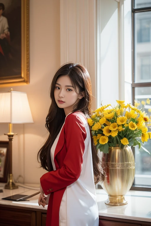 8k, Highest quality, Special details, , Beautiful Asian woman, 25 years old, long hair floating up, looking straight at her, long hair flowing, light shining on her face, clear focus, merchandise store employee, Stylish uniforms, blue suits, red pepper blue suits. Help customers, Chic shop decoration, bright colors, bustling environment There was a large flower vase with red, yellow, pink, white flowers around it appropriately.,) Shot with a high quality Fuji 45 camera.,000,000 chili cells with realistic light and sound,