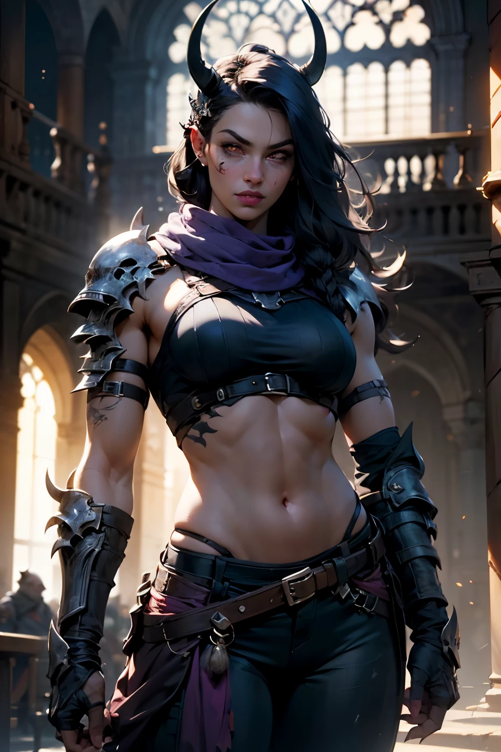 1girl, volumetric light, (bright scene:1.5), cathedral, depth of field, bokeh ,hair ornament, photography, masterpiece, best quality,HDR, highres,realistic details,40K, HDR, highres, shadowmoonberserker, berserker, horns, shoulder armor, breast plate, belt, stomach tattoo, purple eyes, muscular, black pants, scarf, scar, fangs, claws