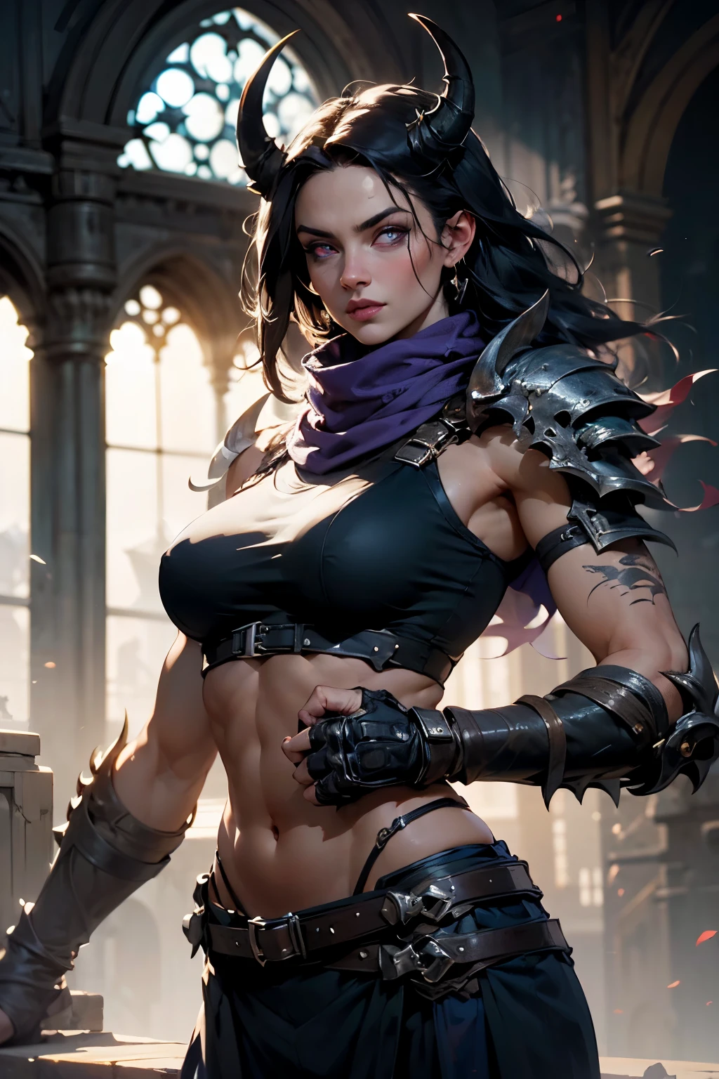 1girl, volumetric light, (bright scene:1.5), cathedral, depth of field, bokeh ,hair ornament, photography, masterpiece, best quality,HDR, highres,realistic details,40K, HDR, highres, shadowmoonberserker, berserker, horns, shoulder armor, breast plate, belt, stomach tattoo, purple eyes, muscular, black pants, scarf, scar, fangs, claws