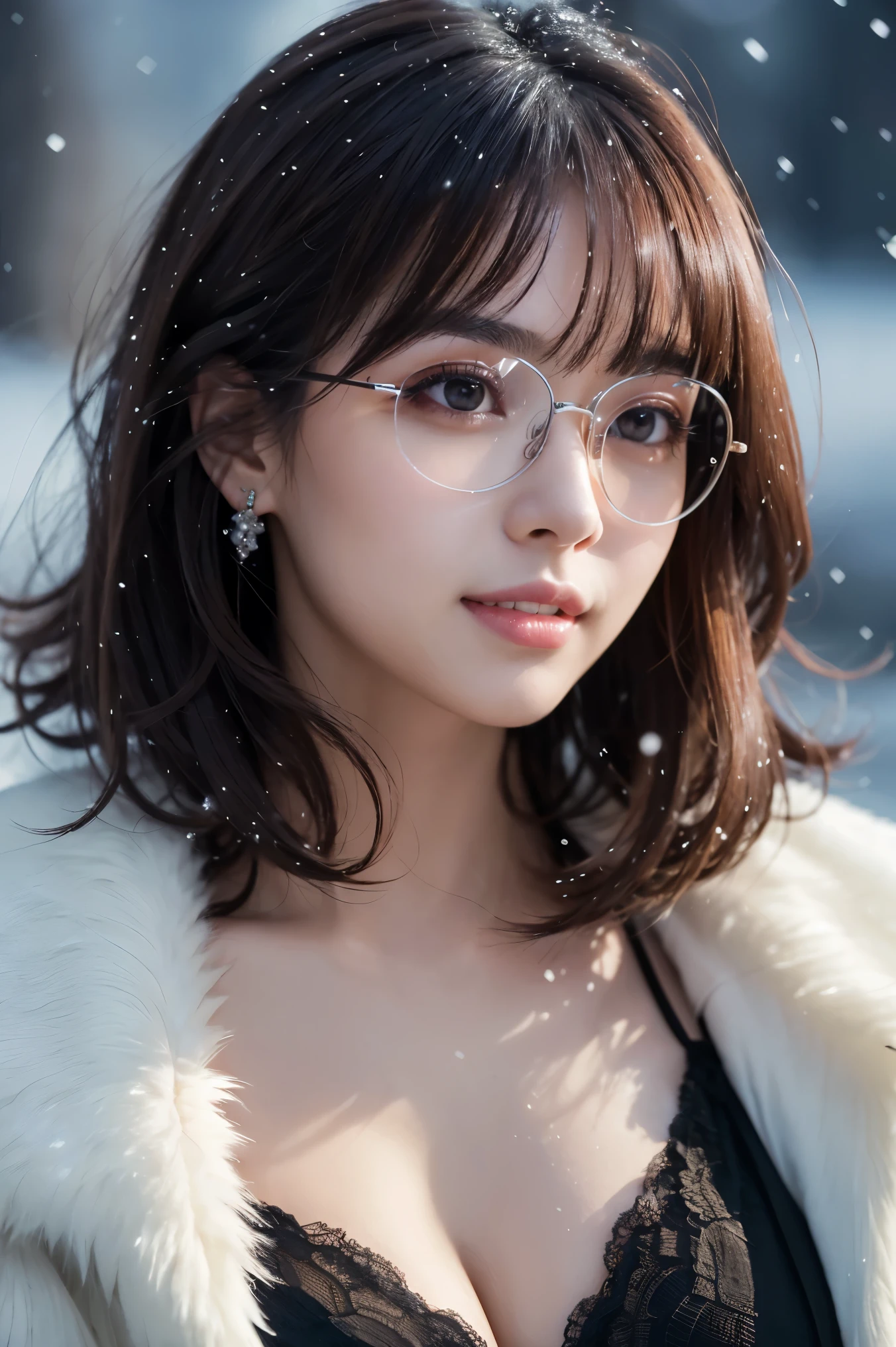 (Masterpiece、highest quality、8k、Award-winning works、Ultra-high resolution)、One beautiful woman、(thick and big fur coat:1.2)、(A lot of fluffy fur:1.2)、Brown Hair、(Short Curly Hair:1.1)、Great cinema lighting、(The most romantic and moody atmosphere:1.1)、winter、Snow Scene、it's snowing、(Walking in the snow in Northern Europe:1.1)、look at me、(Very large breasts:1.1)、(Cleavage:1.1)、Blurred Background、Accurate anatomy、Ultra-high definition beautiful hair、Ultra-high resolutionの完璧な美しい歯、Beautiful faces in ultra-high definition、Ultra-high resolutionの輝く瞳、輝くUltra-high resolutionの美肌、Ultra-high resolutionの艶やかな唇、(Face close-up:1.1)