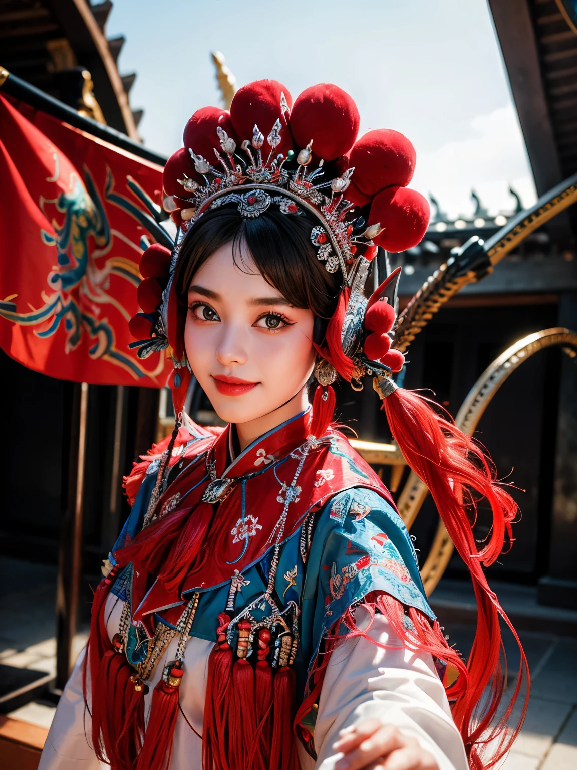 8K，RAW photos，best qualtiy，masterpiece，realistic，photograph，ultra - detailed， 1 rapariga， CN Opera Crown，solo，portrait， Peking Opera costume，looking at viewer， smile， From the front， makeup on， head gear， ((CN Opera Flag))， The flag is from behind， Take it， upper body， nipple tassels，（Daumadan:1.4)，Stage background