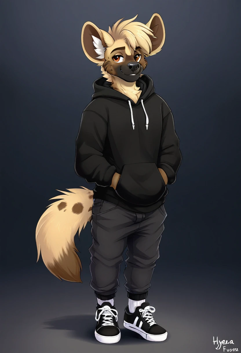 Generate a hyena fursona wearing a black hoodie, black pants, and wearing black shoes. Make his socks barely visible. Also make him a pretty boy.