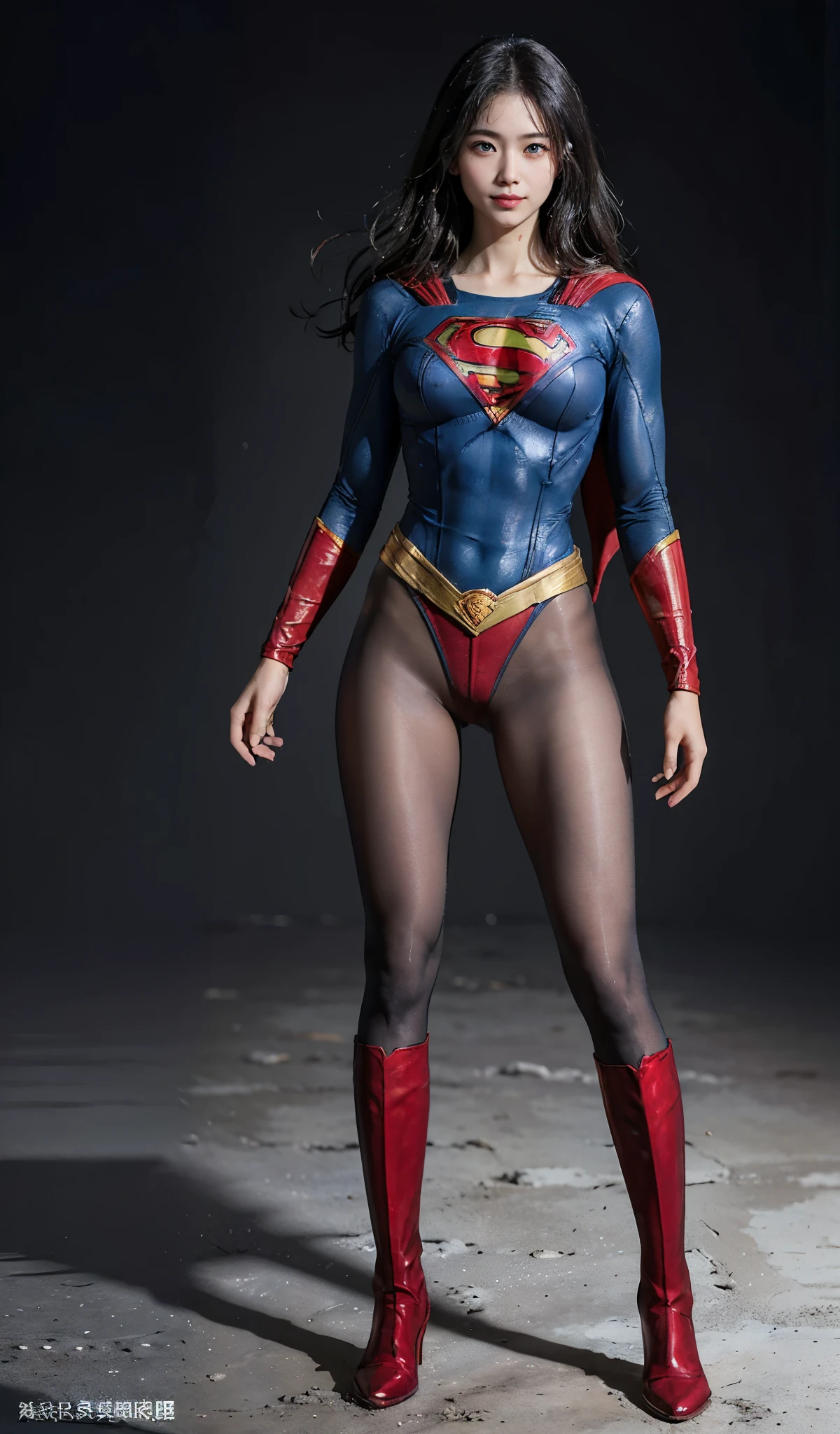 No background、(((Beautiful legs in black tights.)))、(((Legally express the beauty of your smile)))、((((Make the most of your original images)))、(((Supergirl Costume)))、(((Beautiful Hair)))、(((suffering)))、(((Please wear black tights....、Wear red boots)))、((Best image quality、8K))、((highest quality、8K、masterpiece:1.3))、(((Preserve background )))、Sharp focus:1.2、Beautiful woman with perfect figure:1.4、Thin abdominal muscles:1.2、Wet body:1.5、Highly detailed face and skin texture、8K