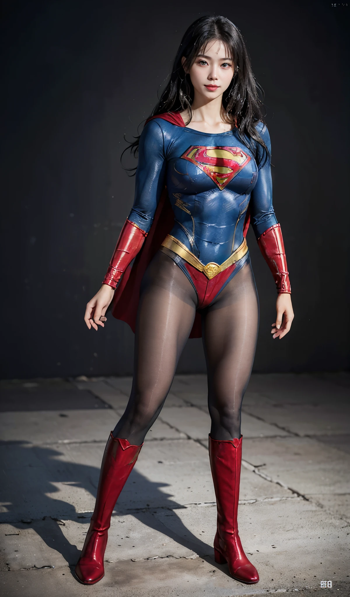 No background、(((Beautiful legs in black tights.)))、(((Legally express the beauty of your smile)))、((((Make the most of your original images)))、(((Supergirl Costume)))、(((Beautiful Hair)))、(((suffering)))、(((Please wear black tights....、Wear red boots)))、((Best image quality、8K))、((highest quality、8K、masterpiece:1.3))、(((Preserve background )))、Sharp focus:1.2、Beautiful woman with perfect figure:1.4、Thin abdominal muscles:1.2、Wet body:1.5、Highly detailed face and skin texture、8K