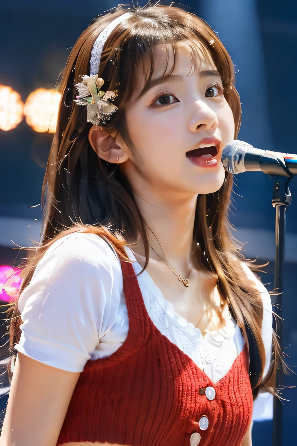 highest quality, Photorealistic, Very detailed, finely, High resolution, 8K Wallpaper, Professional, High level of detail,Detailed clavicle, Mid-chest、Perfect pretty face、Perfect pretty eyes、Cute eyelashes、(Idols singing on the big stage:1.5)、(Cute 14 year old girl:1.5)、Cute idol costume with mini skirt