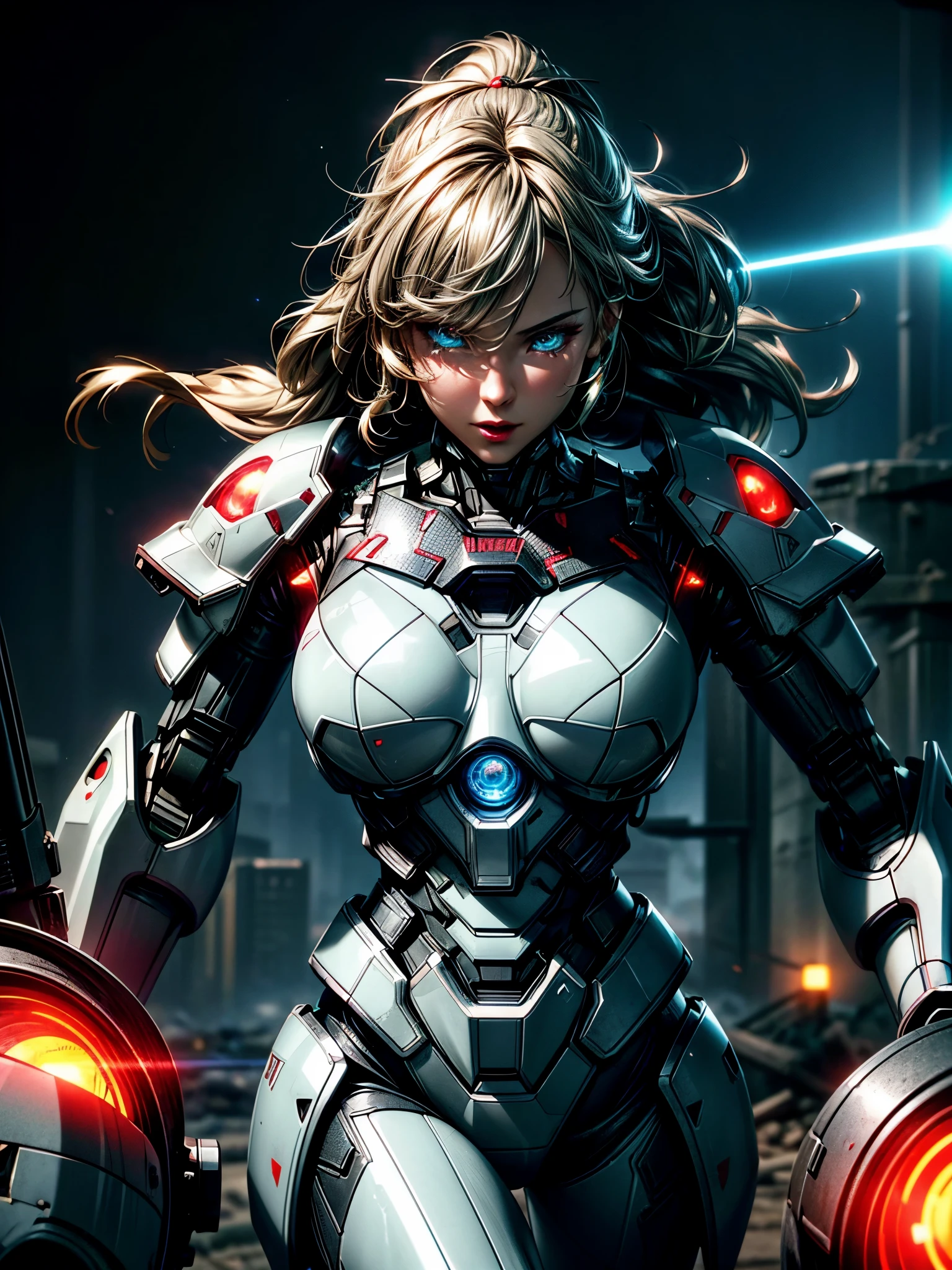 Ultra-wide shot,(Sexy female robot in futuristic armor),(retain human body characteristics),fantasy,Science Fiction,Break, 
Beautiful female face,Tempting,sexy,mist,Vivid and charming eyes,(Glowing eyes),Super detailed eyes,Fine textured face,soft textured skin,holding laser-sword weapon,red Glowing laser-sword,white and darkgrey armor,High detail armor,with scratches and burned,Break, 
background,(In a destroyed futuristic city),destory,in war,giant robot,giant robott walking in the distance,with Laser-weapons,Laser light emitted from weapons,Electric light,Fight back,counterattack,Break, 
dramatic,Best quality masterpiece,Reality,detailed,HDR,Shallow and deep,Movie Lighting,Shining,Clear focus,Bloom,Chromatic Aberration,Futurism,Verism,anime style,sparkle,glowing light,ray tracing,reflection light,drop shadow,chromatic aberration abuse,cinematic lighting,high detail,8k,super detail,UHD,retina,highres,masterpiece,award winning,ccurate