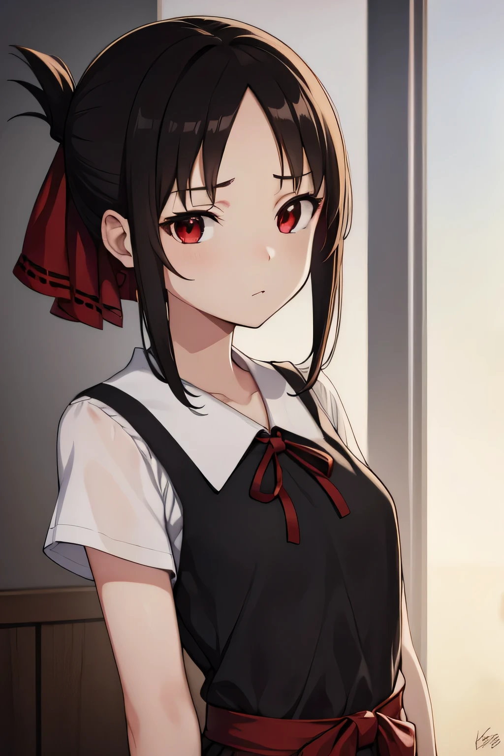 kaguyashinomiya, kaguya shinomiya, folded ponytail, forehead, hair ribbon, (red eyes:1.5), red ribbon, ribbon, short hair, sidelocks, (small breast:1.2),
BREAK black dress, dress, pinafore dress, , shirt, short sleeves, shuuchiin academy , white shirt,
BREAK looking at viewer,
BREAK indoors, classroom,
BREAK (masterpiece:1.2), best quality, high resolution, unity 8k wallpaper, (illustration:0.8), (beautiful detailed eyes:1.6), extremely detailed face, perfect lighting, extremely detailed CG, (perfect hands, perfect anatomy),
