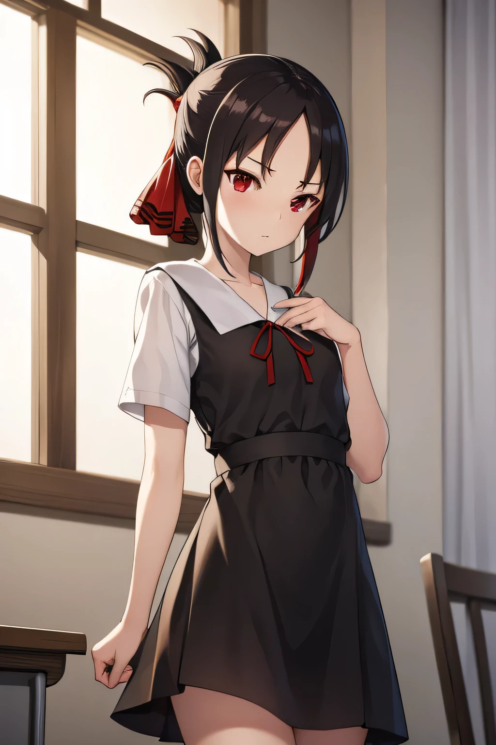 kaguyashinomiya, kaguya shinomiya, folded ponytail, forehead, hair ribbon, (red eyes:1.5), red ribbon, ribbon, short hair, sidelocks, (small breast:1.2),
BREAK black dress, dress, pinafore dress, , shirt, short sleeves, shuuchiin academy , white shirt,
BREAK looking at viewer,
BREAK indoors, classroom,
BREAK (masterpiece:1.2), best quality, high resolution, unity 8k wallpaper, (illustration:0.8), (beautiful detailed eyes:1.6), extremely detailed face, perfect lighting, extremely detailed CG, (perfect hands, perfect anatomy),