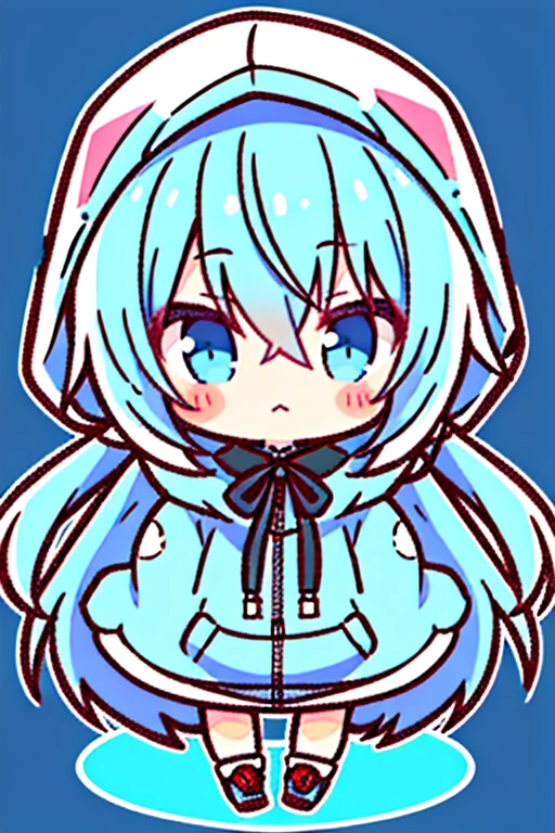 anime,manga,1girl, solo, hood,long sleeves, bangs, hood up, black hoodie,looking at viewer, light blue hair, hair between eyes, puffy long sleeves, hoodie,drawstring, blush, closed mouth, virtual youtuber	