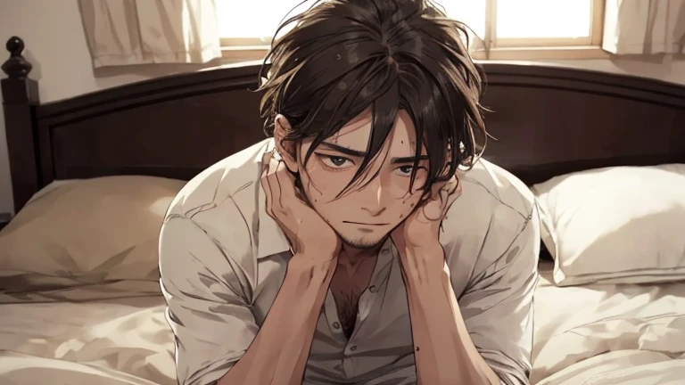 ((best quality)), ((masterpiece)), (detailed),Perfect face,1 man,Shabby bed,Sitting on the bed,Frightened expression,sweating a lot,Hands in hair
