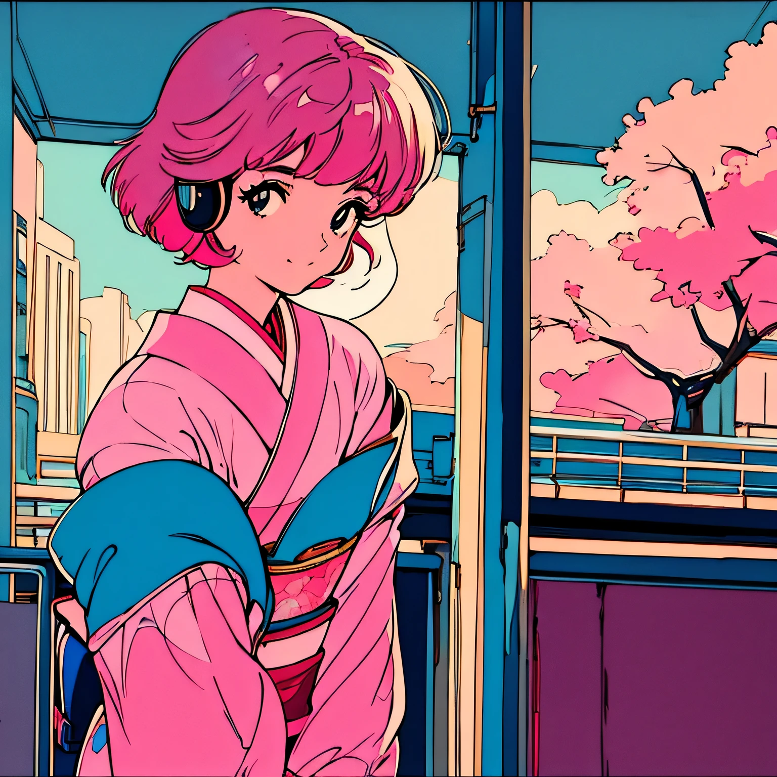 master piece, City Pop style, Pink Hair, fluffy bob cut, wearing headphones, shoulder length, alone, Futuristic, yet, lofi, retro, vintage, Ghost, light smile, cherry blossoms, ((kimono)),