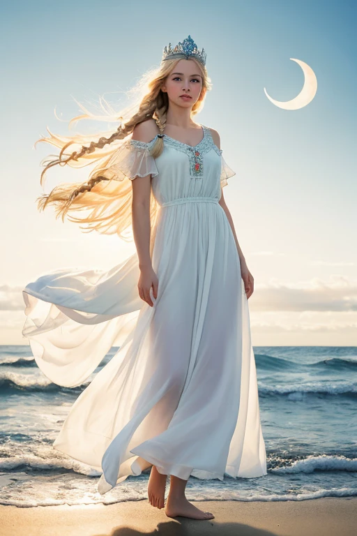 there is one girl coming out of the sea, the Swan Princess from Russian mythology, a beautiful calm face, blue eyes, blond long hair braided into one braid, the moon moon is woven into the hair on the back of the head, white old Russian shining clothes, a kokoshnik crown on her head, an affectionate look, a half-smile, a gentle expression on his face, a background seascape and sunlight, seagulls in the sky, full-length,  Photorealism