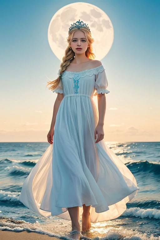 there is one girl coming out of the sea, the Swan Princess from Russian mythology, a beautiful calm face, blue eyes, blond long hair braided into one braid, the moon moon is woven into the hair on the back of the head, white old Russian shining clothes, a kokoshnik crown on her head, an affectionate look, a half-smile, a gentle expression on his face, a background seascape and sunlight, seagulls in the sky, full-length, Photorealism
