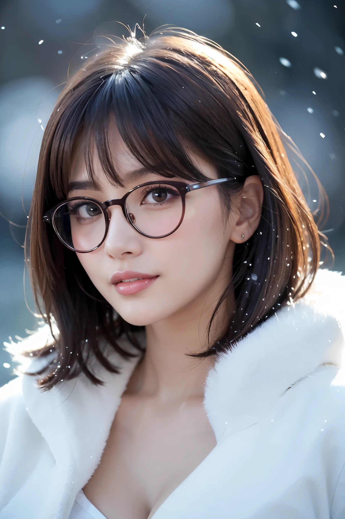 (Masterpiece、highest quality、8k、Award-winning works、Ultra-high resolution)、One beautiful woman、(thick and big fur coat:1.2)、(A lot of fluffy fur:1.2)、Brown Hair、(short hair:1.1)、Great cinema lighting、(The most romantic and moody atmosphere:1.1)、winter、Snow Scene、it's snowing、(Walking in the snow in Northern Europe:1.1)、look at me、(Very large breasts:1.1)、(Cleavage:1.1)、Blurred Background、Accurate anatomy、Ultra-high definition beautiful hair、Ultra-high resolutionの完璧な美しい歯、Beautiful faces in ultra-high definition、Ultra-high resolutionの輝く瞳、輝くUltra-high resolutionの美肌、Ultra-high resolutionの艶やかな唇、(Face close-up:1.1)、(Elegant round glasses:1.1)
