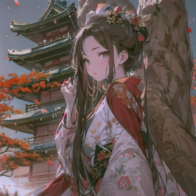 (Official Art、highest quality、Unity 8k wallpaper、32k、masterpiece、Ultra-detailed、超A high resolution、Realistic、Photorealistic:1.2)、(Cinema Lighting:1.2)、Fire Glow Effect、Film Grain、Best Shadow、Rim Light、Side light、(Highly detailed and intricate 3D rendering)、細部までBeautiful Faceと目、Slender、Medium Bust、(whole body:1.2)、(Side Shot、avert your eyes:1.2)、(Mysteriouoonlight)、Highly detailed background、Beautiful Face、Beautiful girl、(Highly detailed skin、Detailed skin texture:1.3)、Japanese garden、Cowboy Shot、Tree with red leaves on the background of the tower々, Japan at Night, Japan Tourism, Japan Deeper Journey Exploration, Japanese Temples, Pagoda, at night!!, Set it to night, at night!, Beasts, vivid!!, Japan at Nightの街, panoramic, Ancient Japanese architecture, by Torii Kiyomasu II, November, Kyoto Japan Setting、Camel Toe、Giant tit、Nipple Puffs、Cleavage、Plump、Super big breasts、Super big butt