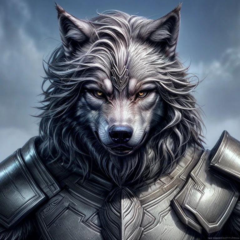 A male wolf, with a perfect sculptural realistic,with mediaval armor, and potrait, ultra realistic, HD,  