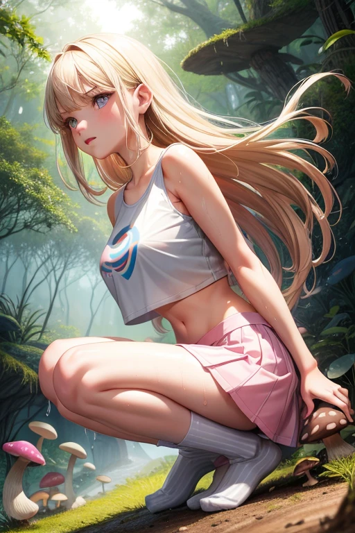 Realistic, 1girl, cute, , , slender, round face shape with angular jaw, blonde with bangs, grey eyes, shoulderless crop top, picking wet pink colorful mushrooms in a celestial forest, sunshine, stripe socks, pink skirt, horny, windy, 