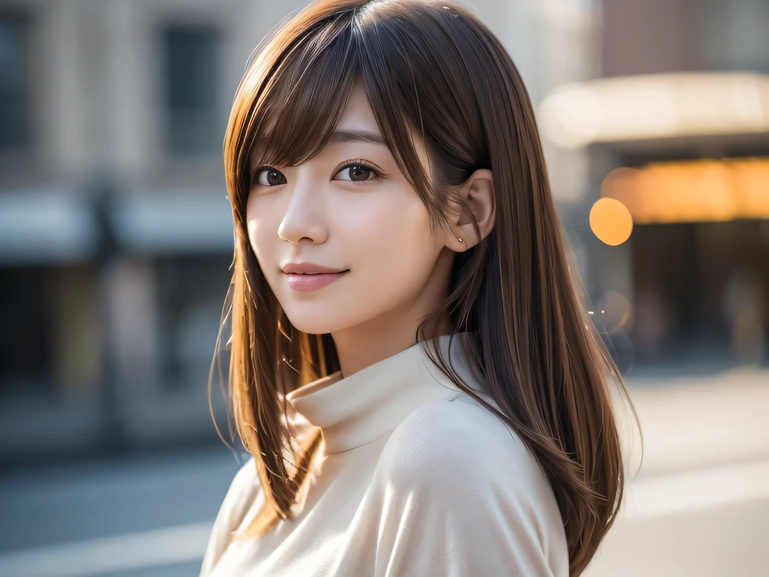  Chin-length hair, Straight Hair,Bob length hair, Chiho, Shoulder-length hair, Shoulder-length hair, Light brown neat hair, Mid-length hair, Chie Yoshii&#39;s Style, Medium length hair, Light Brown Hair, 別れたLight Brown Hair,A refreshing long-sleeved white blouse for summer,masterpiece, highest quality, (Highly detailed CG Unity 8k wallpaper), (highest quality),Raw photo,超A high resolution、(Photorealistic:1.4)、Highly detailed and professionally lit smile、Super detailed face、、Golden Hour Lighting,Highly detailed CG Unity 8k,Her profile.Hair with details like in the photo、Hair like a live action,Concrete wall background,Expressionless woman,Dark Eyes