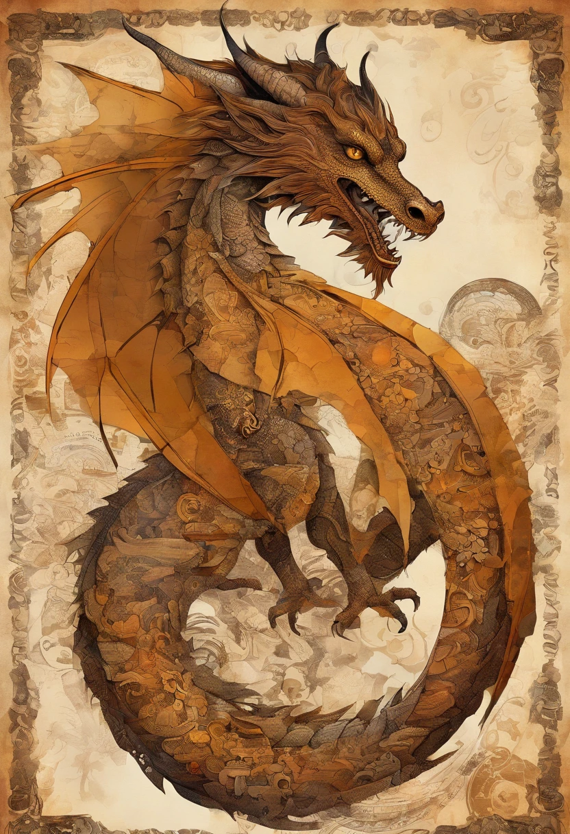 Dragon marron acajou chocolat caramel, sensuel calme, douceur, regard intelligent instruit , posture professeur maître d'école, (expression savante) fond caverne ocre ::2 colorful ink painting ::2 art fantasy