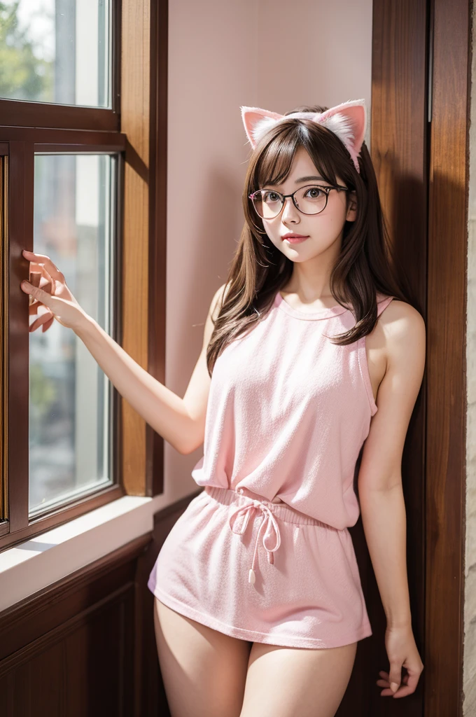 A beautiful girl with glasses and cat ears posing near a window, pink cat suit, showcasing shoulders and thighs