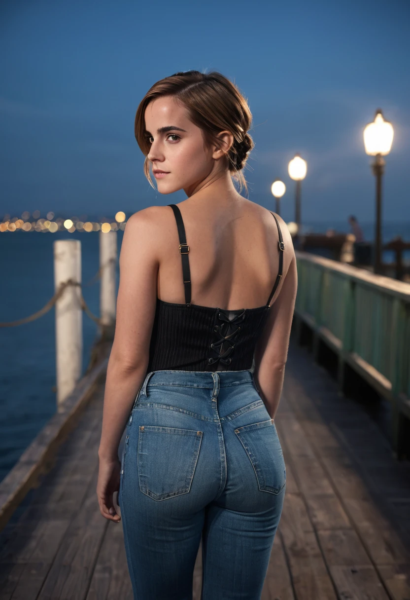 Emma Watson, perfect lighting, (looking at camera:1.35), realistic skin, realistic, (photorealistic:1.4), supermodel, soft light, canon 5d mark iv, sigma 85mm f/1.4, flirting with the camera, eyeliner, night, outdoors, on a pier, wearing tight full length jeans with bustier cami top, beautiful hair, braids, view from behind, narrow waist, round ass.