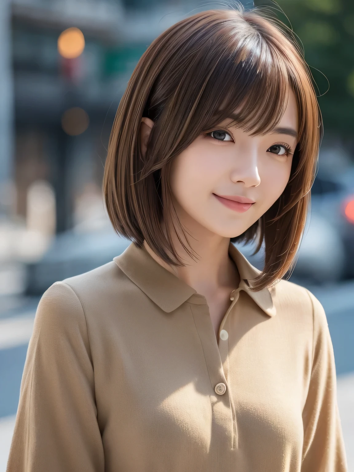Chin-length hair, Straight Hair,Bob length hair, Chiho, Shoulder-length hair, Shoulder-length hair, Light brown neat hair, Mid-length hair, Chie Yoshii&#39;s Style, Medium length hair, Light Brown Hair, 別れたLight Brown Hair,A refreshing long-sleeved white blouse for summer,masterpiece, highest quality, (Highly detailed CG Unity 8k wallpaper), (highest quality),Raw photo,超A high resolution、(Photorealistic:1.4)、Highly detailed and professionally lit smile、Super detailed face、、Golden Hour Lighting,Highly detailed CG Unity 8k,Her profile.Hair with details like in the photo、Hair like a live action,Concrete wall background,Expressionless woman,Dark Eyes