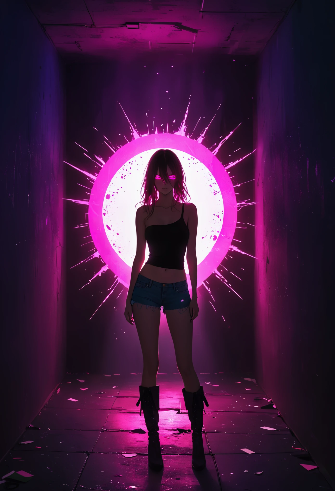 (Portrait of a mysterious giant eye), indoor, Fluorescent illumination, (Darkness shrouded, Wall background, black background, shadow, extreme darkness:2.0), Minimalist graffiti style background, Fluorescent pink eye graffiti, Dark atmosphere, 1girl, Oversized black T-shirt, midlle breasts, Waistless T-shirt, underboob, blurred background, Blurred foreground, neon Pink glowing hair, neon pink glowing eyes, Bare shoulder, presenting armpit, Kneel on the ground, Unbelievably long hair, Messy hair, Low rise denim shorts, Over-the-knee boots, pink eye shadow, Eye of destruction, Poker face, silhouette, cowboy shot, Surrealism, perspective, cowboy shot, pov, UHD, anatomically correct, super detail, best quality, 16k, masterpiece