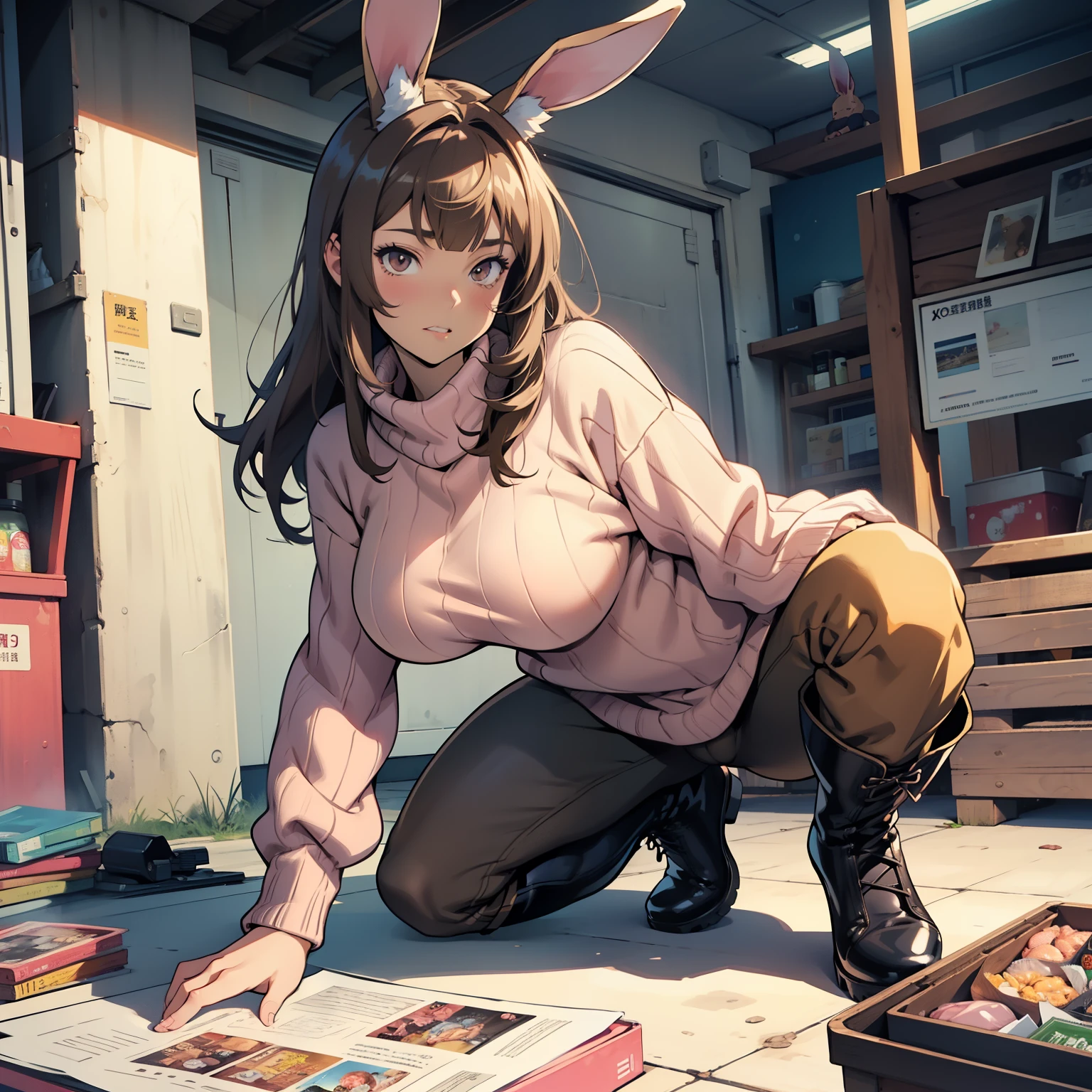 woman、 Fair skin, Light brown hair, Long Bangs, Bunny ears, Large Breasts, Thin legs, Pink Sweater, The lower half of the body is only pants、Black boots, Dark brown eyes, anime, 2D, comics、Overflowing Sex Fluids