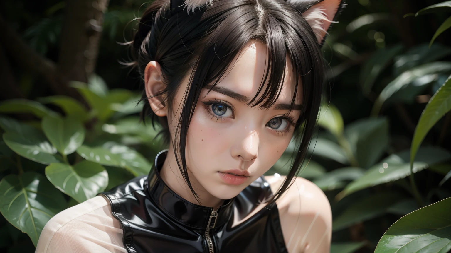 (8K, Raw photography, top-quality, ​masterpiece :1.3), (small skinny japanese girl in see through rubber suit, small breasts, small collar, cat ears, fear in her face :1.3), (beautiful detailed eyes, beautiful detailed lips, no lipstick, extremely detailed face, small hips :1.3), (pixie shaved hair cut :1.2)