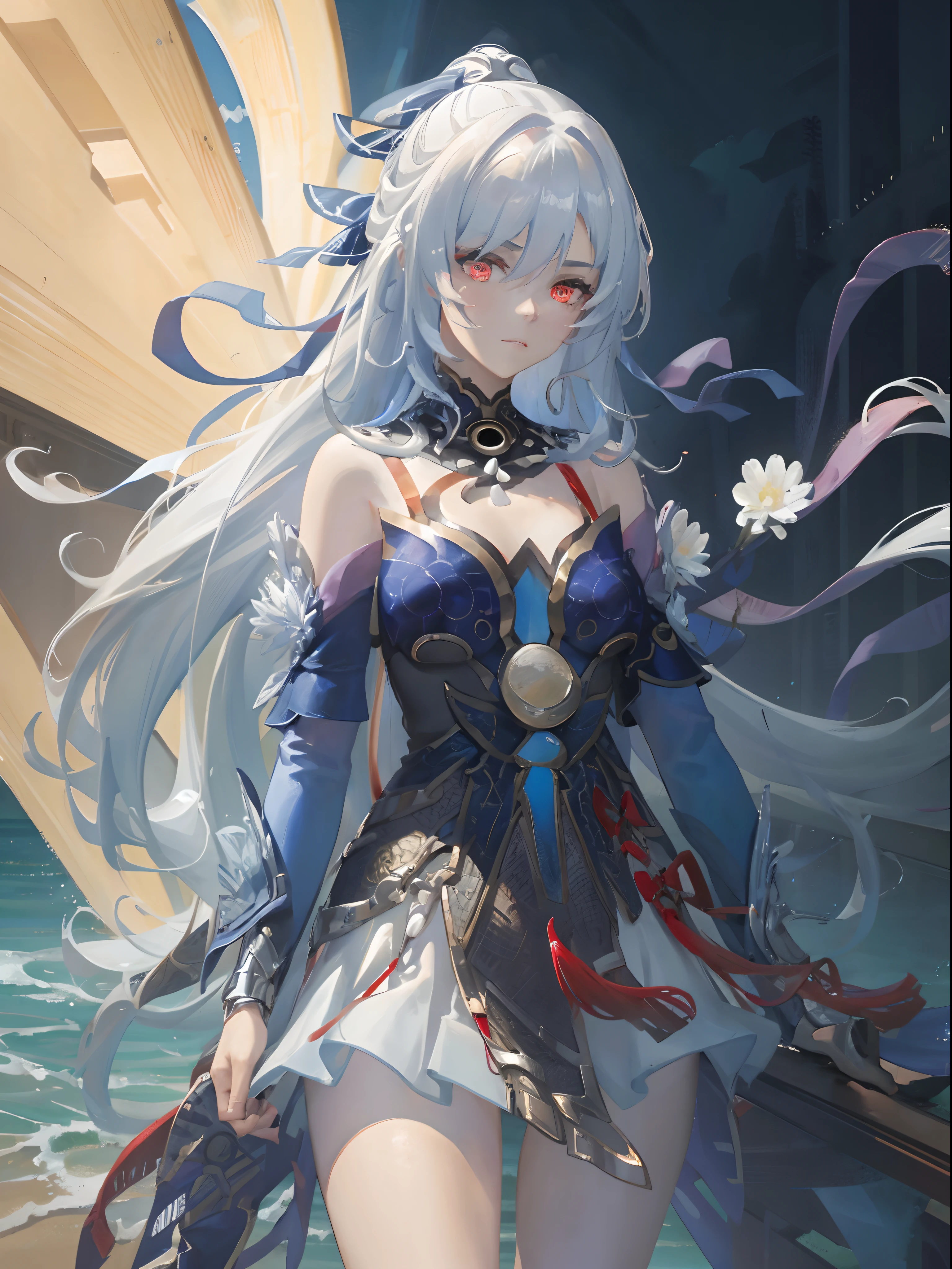 best quality, masterpiece, 1girl, red eyes, tied up light blue hair
