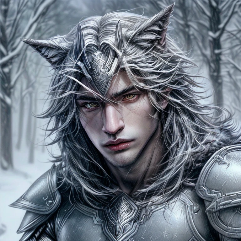 A male wolf in winter season, with a perfect sculptural realistic,with mediaval armor, and potrait, ultra realistic, HD,