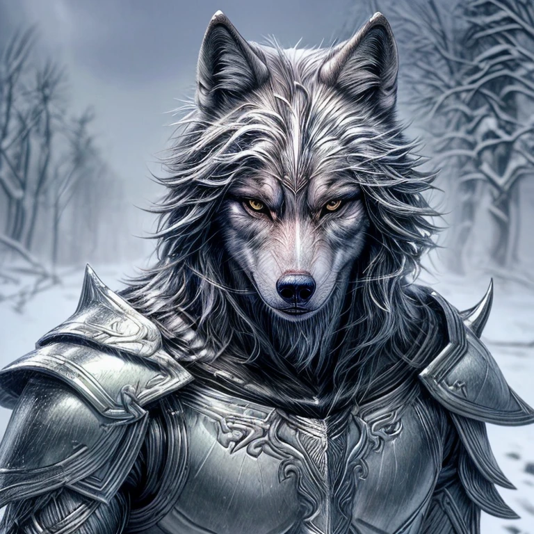 A male wolf in winter season, with a perfect sculptural realistic,with mediaval armor, and potrait, ultra realistic, HD,