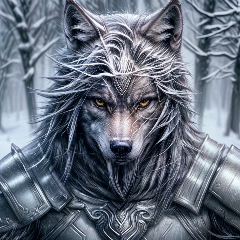 A male wolf in winter season, with a perfect sculptural realistic,with mediaval armor, and potrait, ultra realistic, HD,