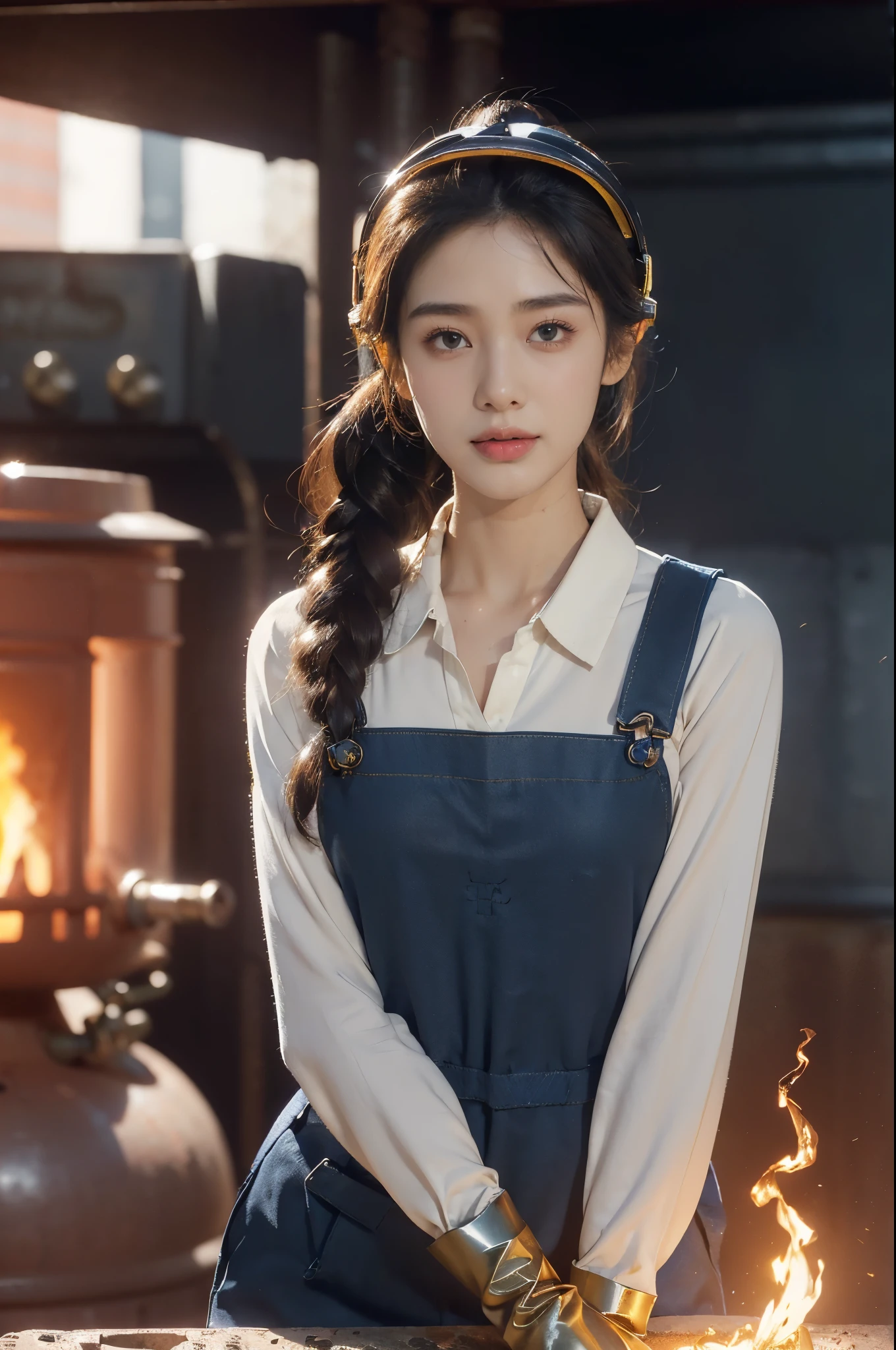 (Extremely meticulous CG),(((8k))),wallpaper,((Extremely refined and beautiful)),(((Masterpiece))),(((best qualtiy))),(((Ultra High Resolution))),beautiful light up,realistic shaded,(Smooth and flawless skin:1.5),(Extremely exquisite facial details:1.3),(ultra-detailed:1.5),((a beautiful girl,solo)),(female worker:1.2),(Safety helmet on head:1.5),(short ponytail:1.2),(small head:1.2),(slender face:1.2),(Exquisite makeup:1.3),(mask on face:1.3),(blush:1.3),(sweat:1.5),(happy:1.2),(laughing:1.2),(perfect body:1.1),(brown skin:1.3),(shiny skin:1.5),((slim,thin)),(small breasts:1.2),(flat chests:1.2),(dark blue collared shirt:1.5),(sleeves:1.2),(gloves:1.3),(slender legs:1.2),(bib overall:1.3),(boots:1.2),(standing:1.3),(arms behind back:1.2),(in factory:1.2),(In the steelmaking workshop:1.3),(Beside the steelmaking furnace:1.3),(indoor:1.2),(Cyberpunk style:1.3),(warm glow of the furnace fire:1.3),(detailed background:1.5),(upper body:1.3),(from front:1.3)