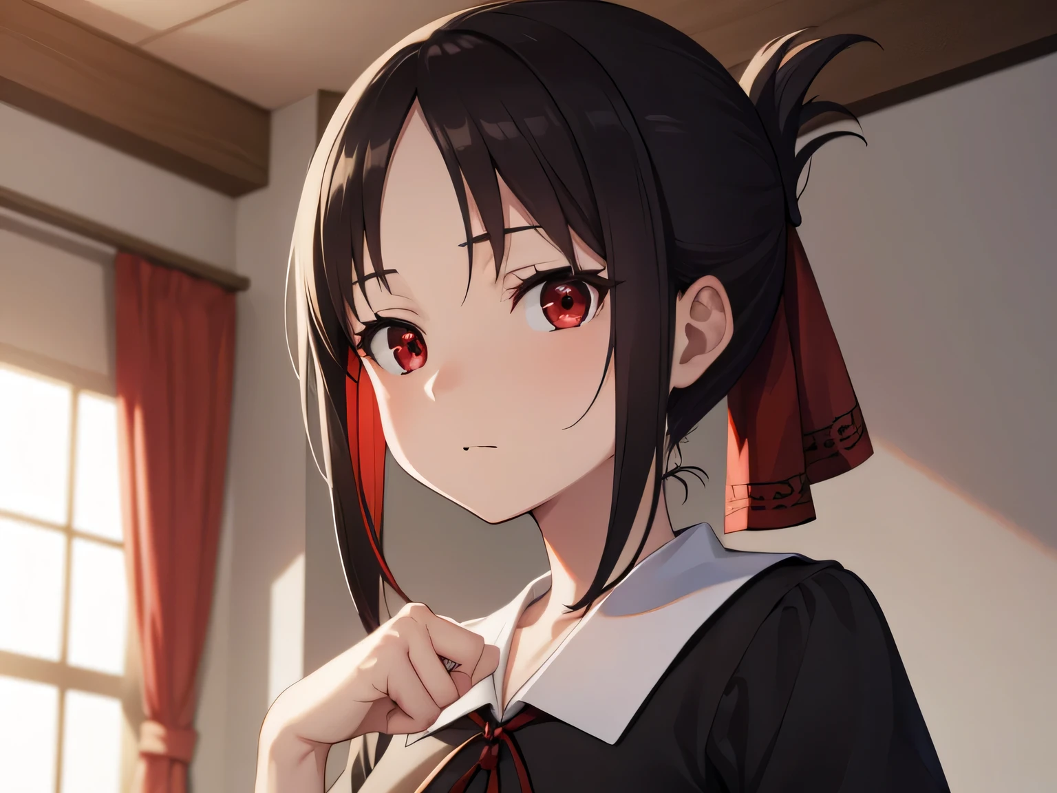 kaguyashinomiya, kaguya shinomiya, folded ponytail, forehead, hair ribbon, (red eyes:1.5), red ribbon, ribbon, short hair, sidelocks, (small breast:1.2),
BREAK black dress, dress, pinafore dress, , shirt, short sleeves, shuuchiin academy , white shirt,
BREAK looking at viewer,
BREAK indoors, classroom,
BREAK (masterpiece:1.2), best quality, high resolution, unity 8k wallpaper, (illustration:0.8), (beautiful detailed eyes:1.6), extremely detailed face, perfect lighting, extremely detailed CG, (perfect hands, perfect anatomy),