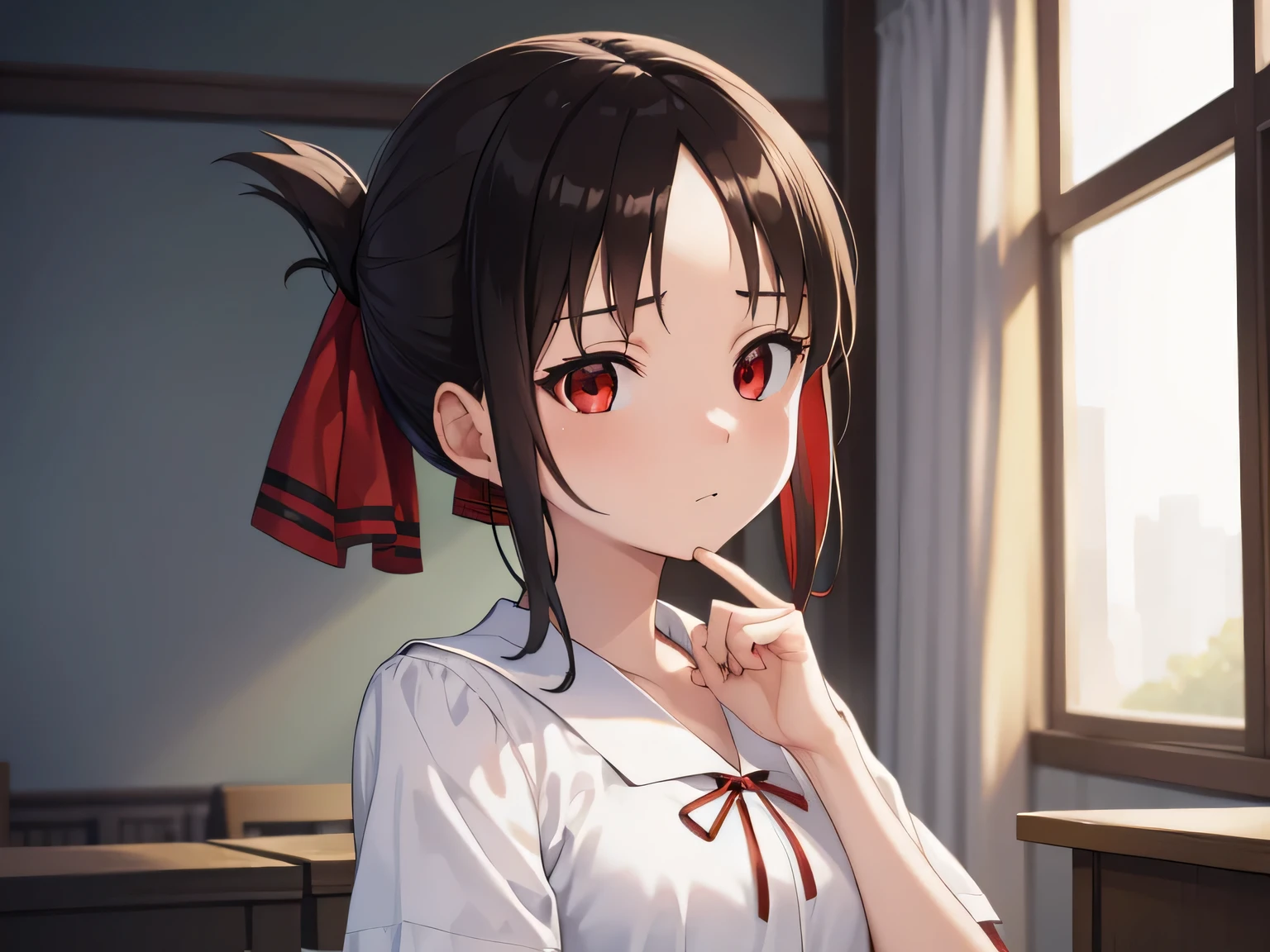 kaguyashinomiya, kaguya shinomiya, folded ponytail, forehead, hair ribbon, (red eyes:1.5), red ribbon, ribbon, short hair, sidelocks, (small breast:1.2),
BREAK black dress, dress, pinafore dress, , shirt, short sleeves, shuuchiin academy , white shirt,
BREAK looking at viewer,
BREAK indoors, classroom,
BREAK (masterpiece:1.2), best quality, high resolution, unity 8k wallpaper, (illustration:0.8), (beautiful detailed eyes:1.6), extremely detailed face, perfect lighting, extremely detailed CG, (perfect hands, perfect anatomy),