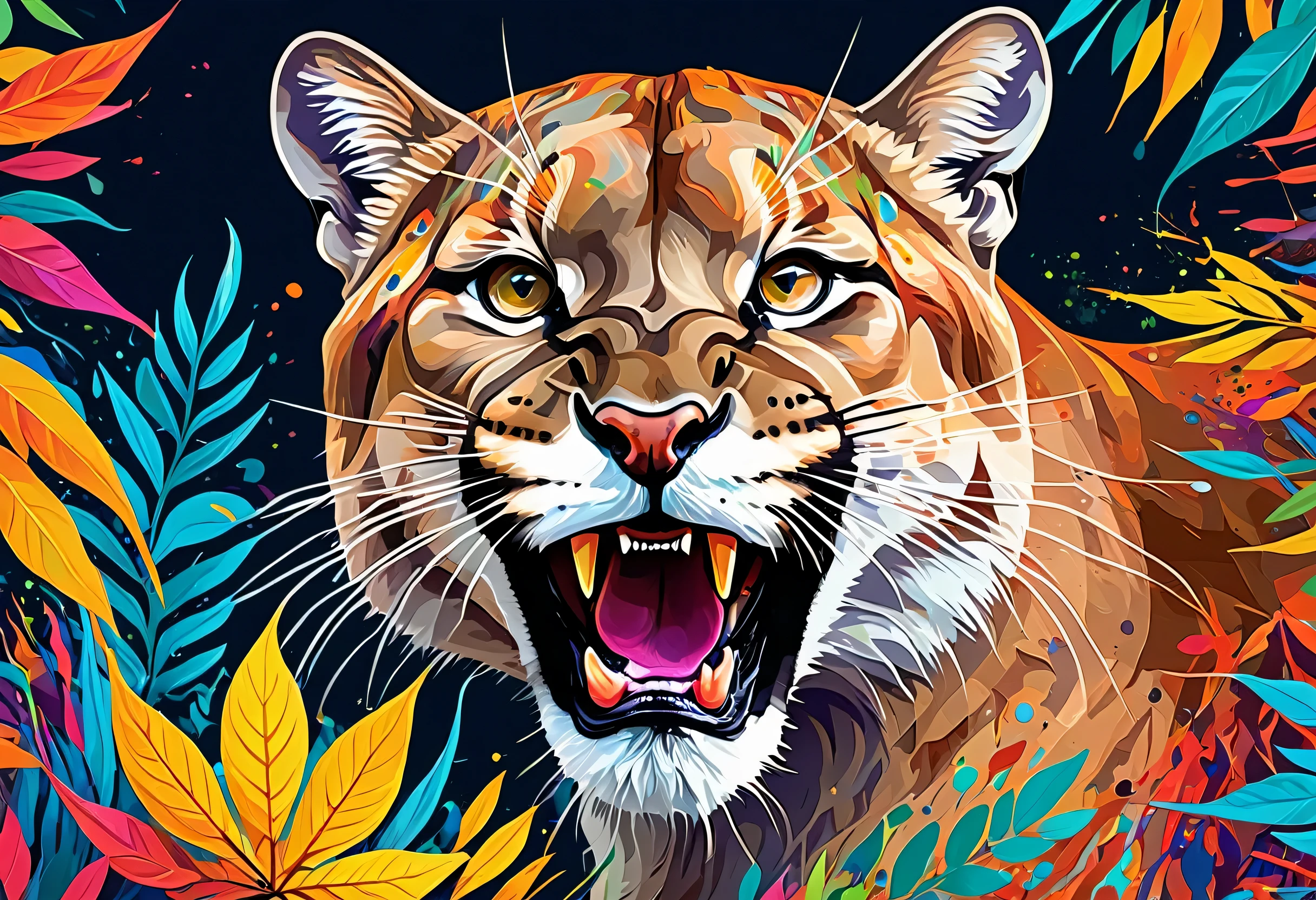A roaring Mountain Lion with colorful paint on its face and leaves, vector art:Zahari Zograf, Trending on Pexels, psychedelic art, Rich in color and detail, A complex and colorful masterpiece, art:Alessandro Pautasso, very complex and colorful, colorful hd images, A colorful and intricate masterpiece, High quality HD digital art, great digital art, very colorful