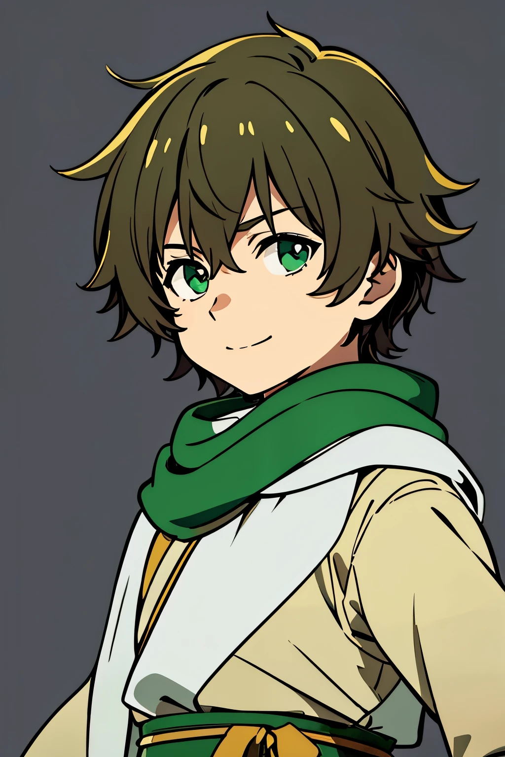 (high-quality, breathtaking),(expressive eyes, perfect face) 1boy, male, solo, toddler age, shota, dark brown color hair, green eye color, spiky fluffy hair, wavy hair, short hair length, cute smile, cute face, childlike face, white tunic, green and gold trim, green scarf, Symmetrical Eyes, portrait, positive expression, grey background, greek clothes, ancient Greek clothes
