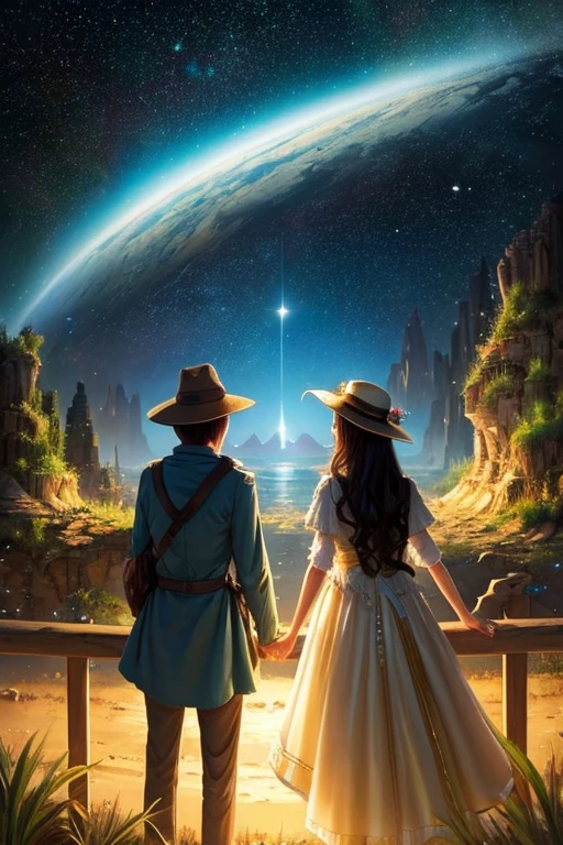 Draw Lillian and Celestia traveling around the world, guided by the light of the stars.。They are looking at the foreign landscapes and people.々Please describe the scene where you met。Also、It would also be nice to have a scene where he confronts a wizard.。Their bond and courage、And paint a picture of goodwill。
