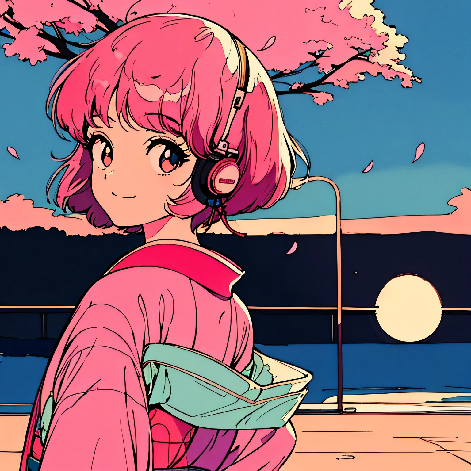 master piece, City Pop style, Pink Hair, fluffy bob cut, wearing headphones, shoulder length, alone, Futuristic, yet, lofi, retro, vintage, Ghost, light smile, cherry blossoms, ((kimono)), (( back shot )),