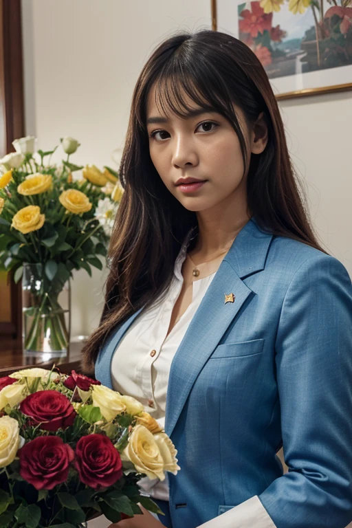 8k, Highest quality, Special details, , A beautiful Asian woman, 25 years old, looking straight into the camera, looking intently. ,)Long hair floats up,)) The light illuminates the face and focuses clearly. ,Stylish uniforms, blue suits, red pepper blue suits. Help customers, Chic shop decoration, bright colors, bustling environment There was a large flower vase with red, yellow, pink, white flowers around it appropriately.,) Shot with a high quality Fuji 45 camera.,000,000 chili cells with realistic light and sound,