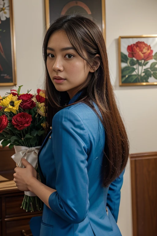 8k, Highest quality, Special details, , A beautiful Asian woman, 25 years old, looking straight into the camera, looking intently. ,)Long hair floats up,)) The light illuminates the face and focuses clearly. ,Stylish uniforms, blue suits, red pepper blue suits. Help customers, Chic shop decoration, bright colors, bustling environment There was a large flower vase with red, yellow, pink, white flowers around it appropriately.,) Shot with a high quality Fuji 45 camera.,000,000 chili cells with realistic light and sound,