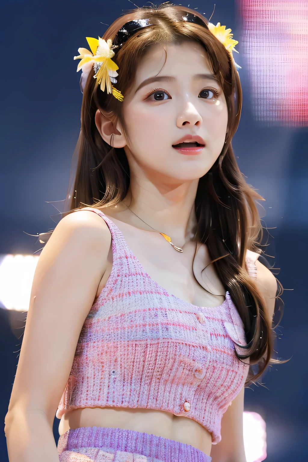 (High level image quality、high quality、High resolution、detailed、masterpiece）, shikamimi, Photographed with canon eos 5d, rorish, perform on stage,  concert photos, cute core、(((watching the audience)))、Very beautiful and beautiful K-POP female idol, singing at live stage ,  singing scene, dress scene,  ((Brightly colored clothing)), Warm light、(anatomically correct）、（perfect body proportions)、 ((perfect hands))、 (((perfect fingers)))